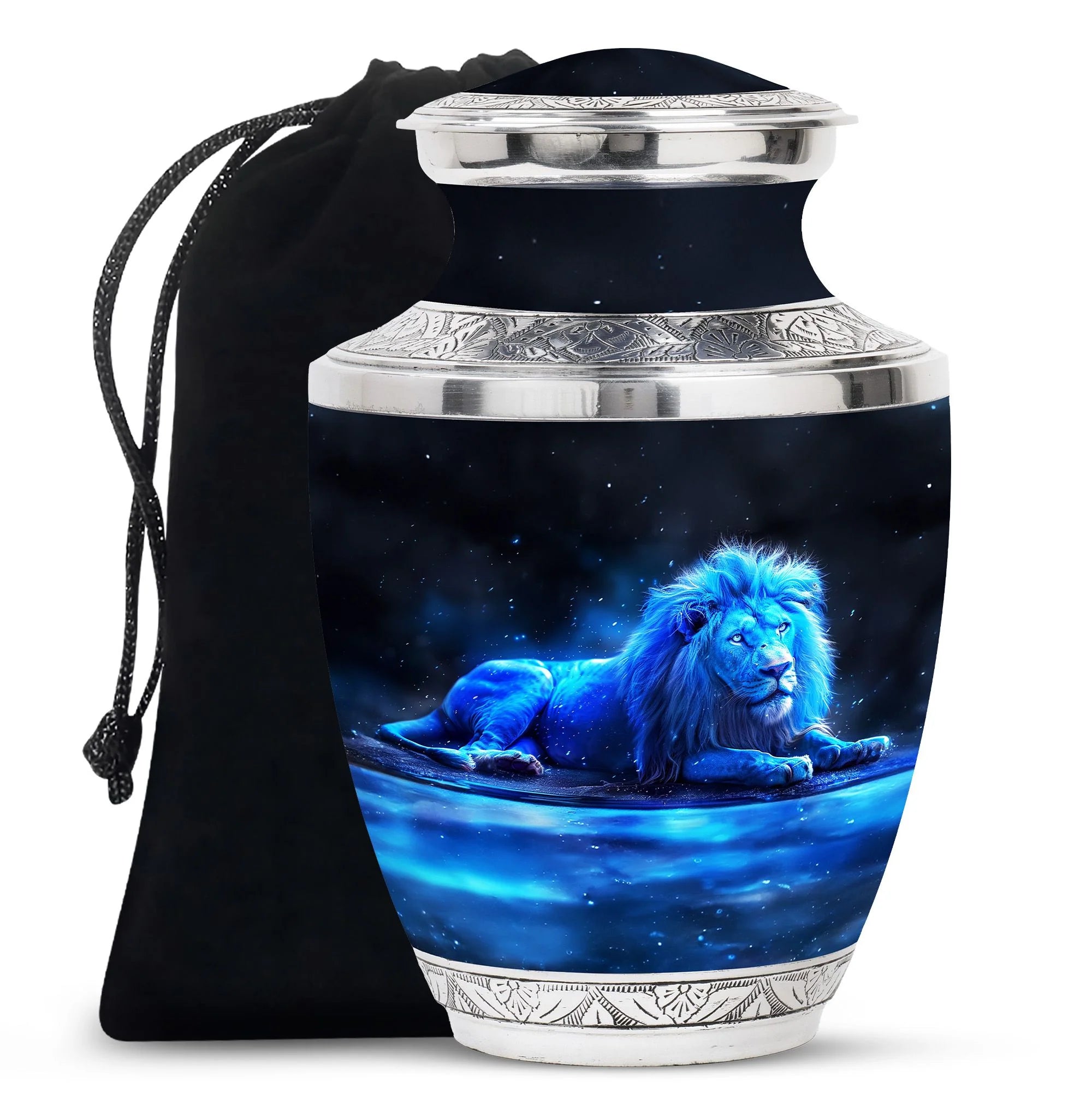Lion Cremation Metal Urns For Human Ashes - Neon Blue Lion Memorial Urn